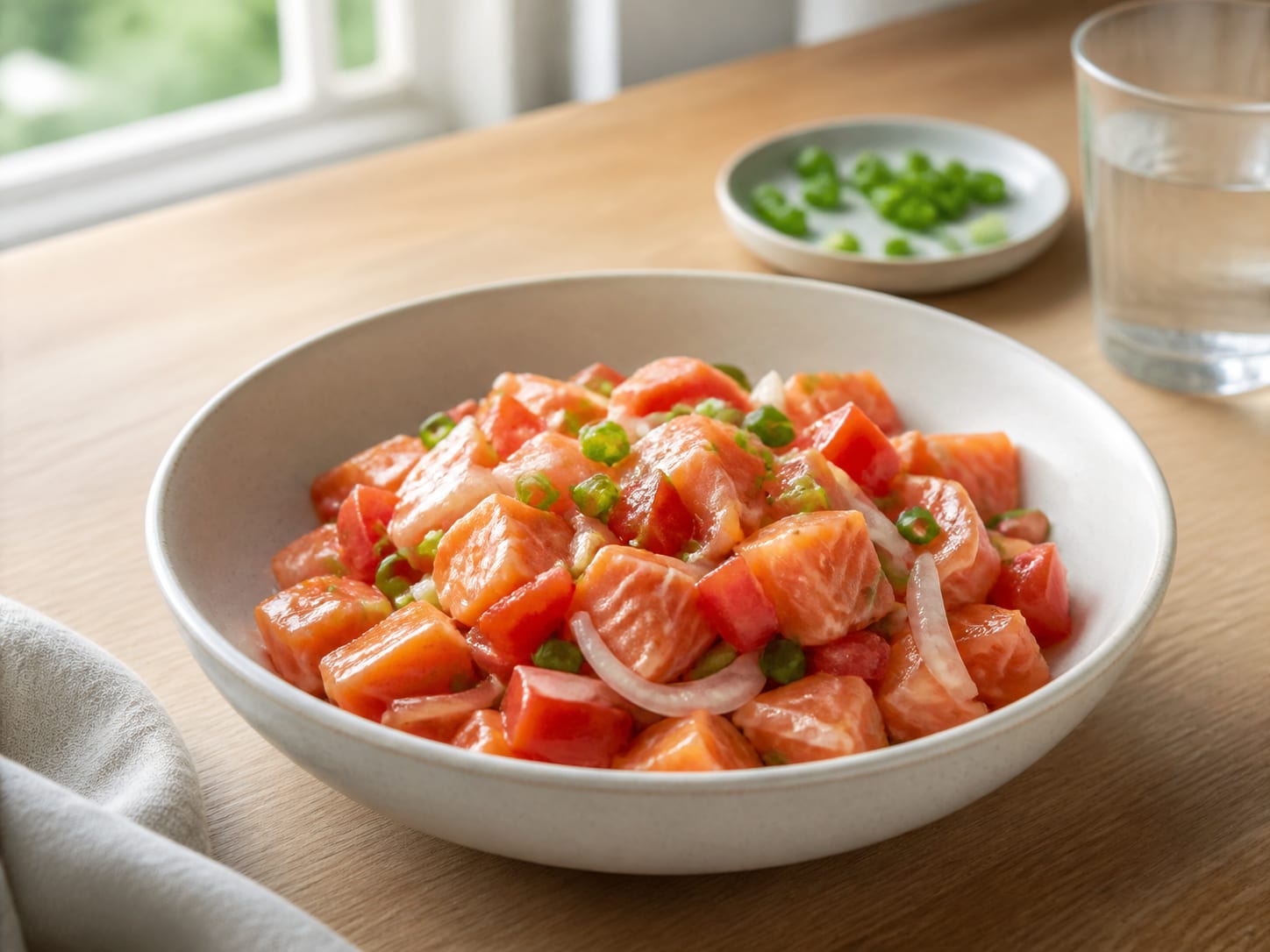 A chilled glass bowl of diced pink salmon tossed with diced red tomato, pale onion, and green onion rings