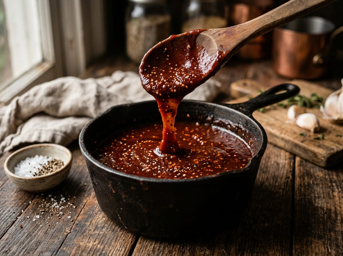 A pot of dark brick-red glossy barbecue sauce with visible mustard seeds through it, a wooden spoon lifting a ribbon of it
