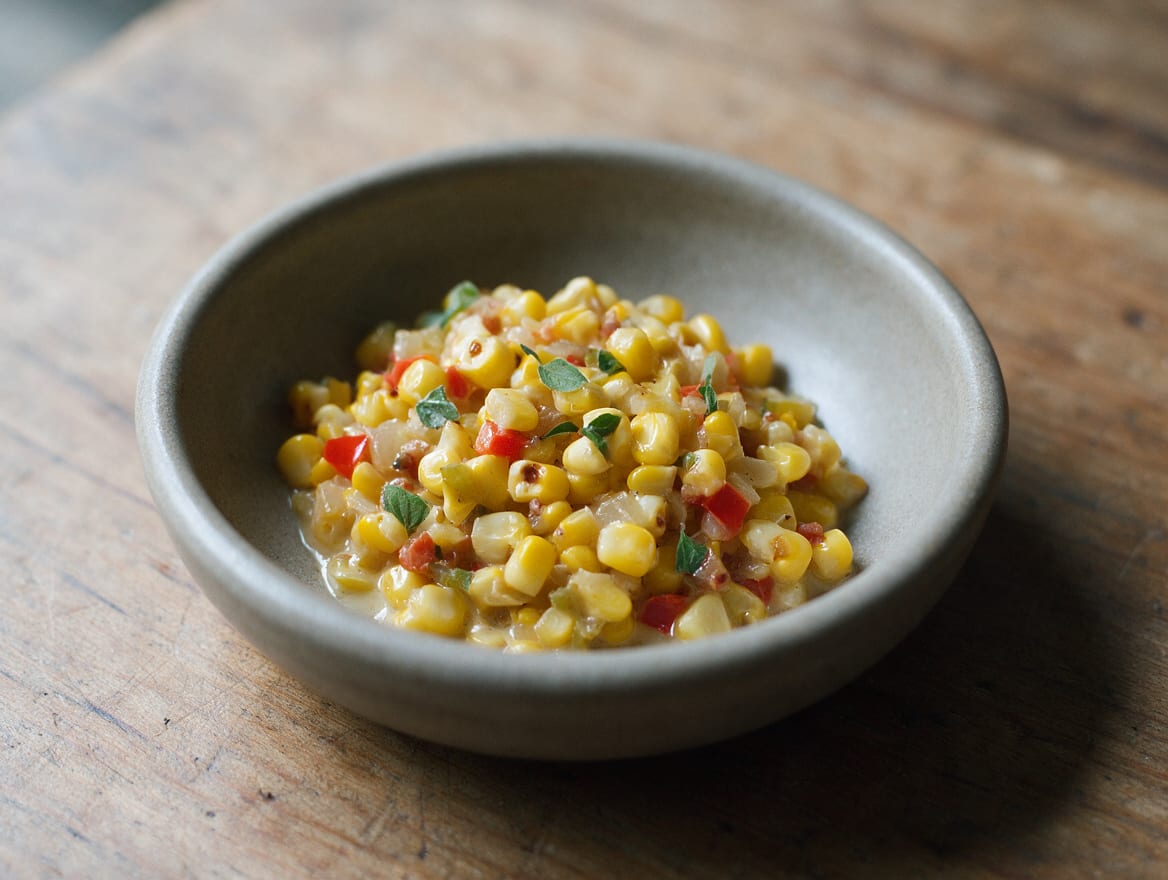 Yellow corn with small red pepper, onion, celery, and bacon pieces in a light cream glaze