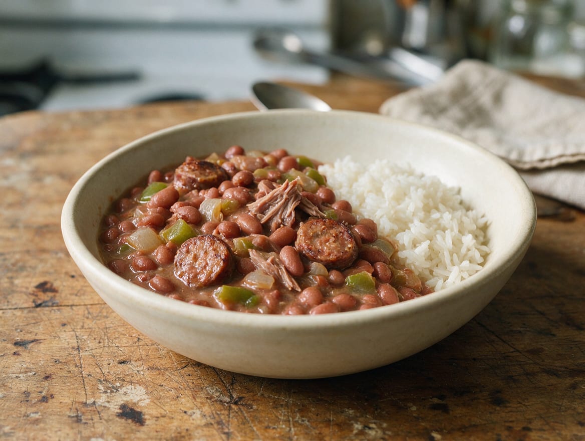 Cremige rote Bohnensauce mit ganzen und zerdrückten Bohnen, Andouille-Scheiben, Frühlingszwiebeln und einer kleinen Portion weißem Reis