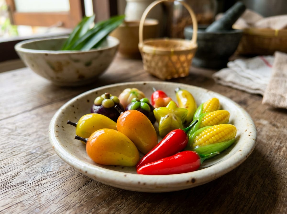 Winzige thailändische Luk Chup, geformt und bemalt wie kleine Mangos, rote Chilis und Maiskolben, auf einem Teller angerichtet, ihre Oberfläche glänzend von der Agar-Glasur