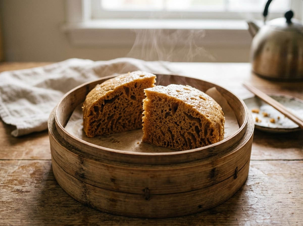 A deep caramel-brown Ma Lai Gao steamed sponge cake with a cracked, domed top, cut into wedges in a bamboo steamer, one wedge showing its airy golden crumb