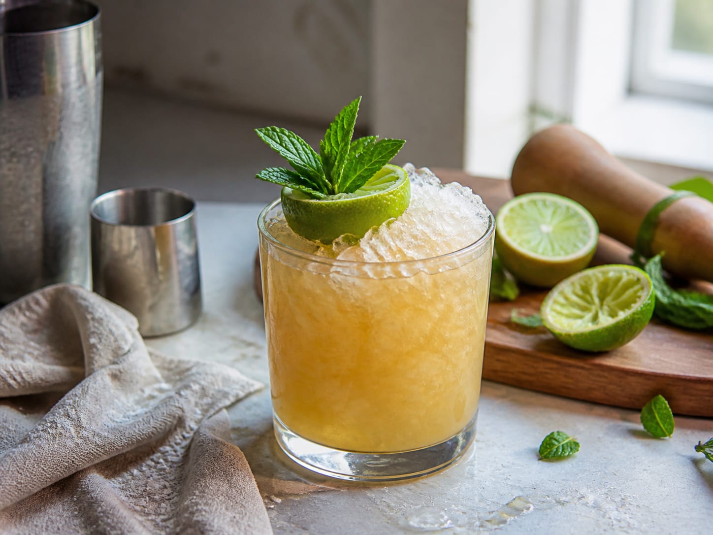 A Mai Tai cocktail in a rocks glass over crushed ice, garnished with a spent lime shell and a sprig of fresh mint