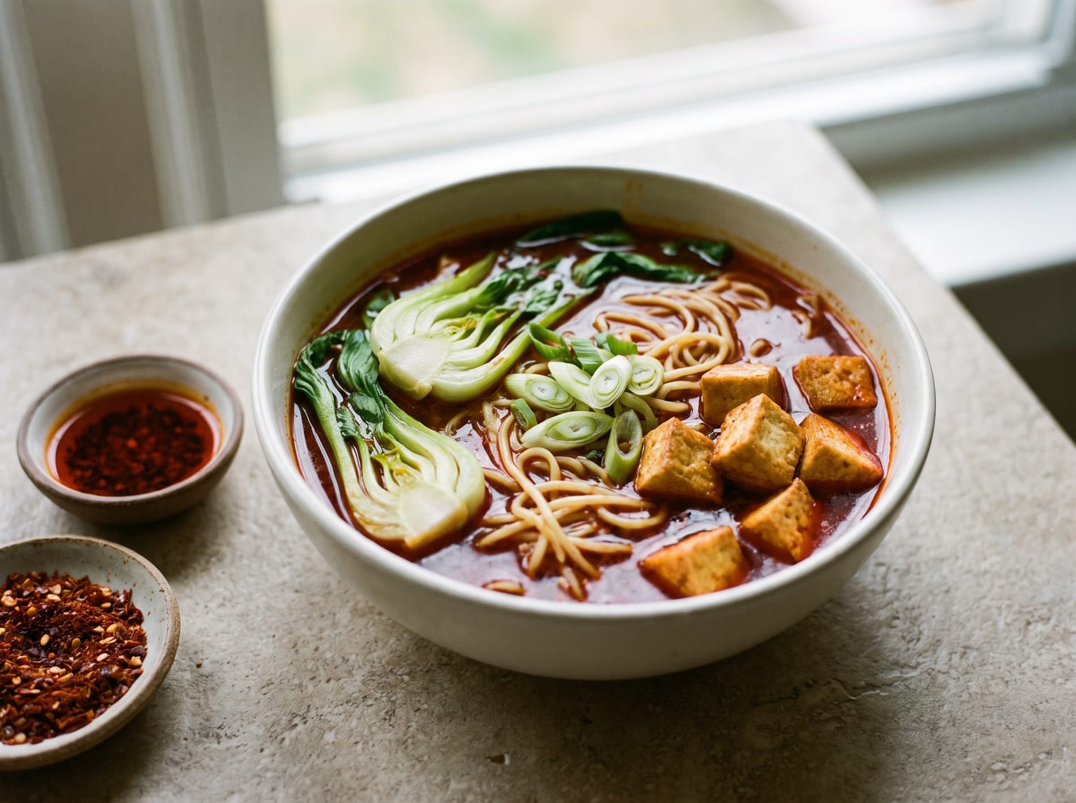 Eine Schüssel Sichuan Mala-Nudelsuppe mit goldenem gebratenem Tofu und Pak-Choi in tiefroter Brühe