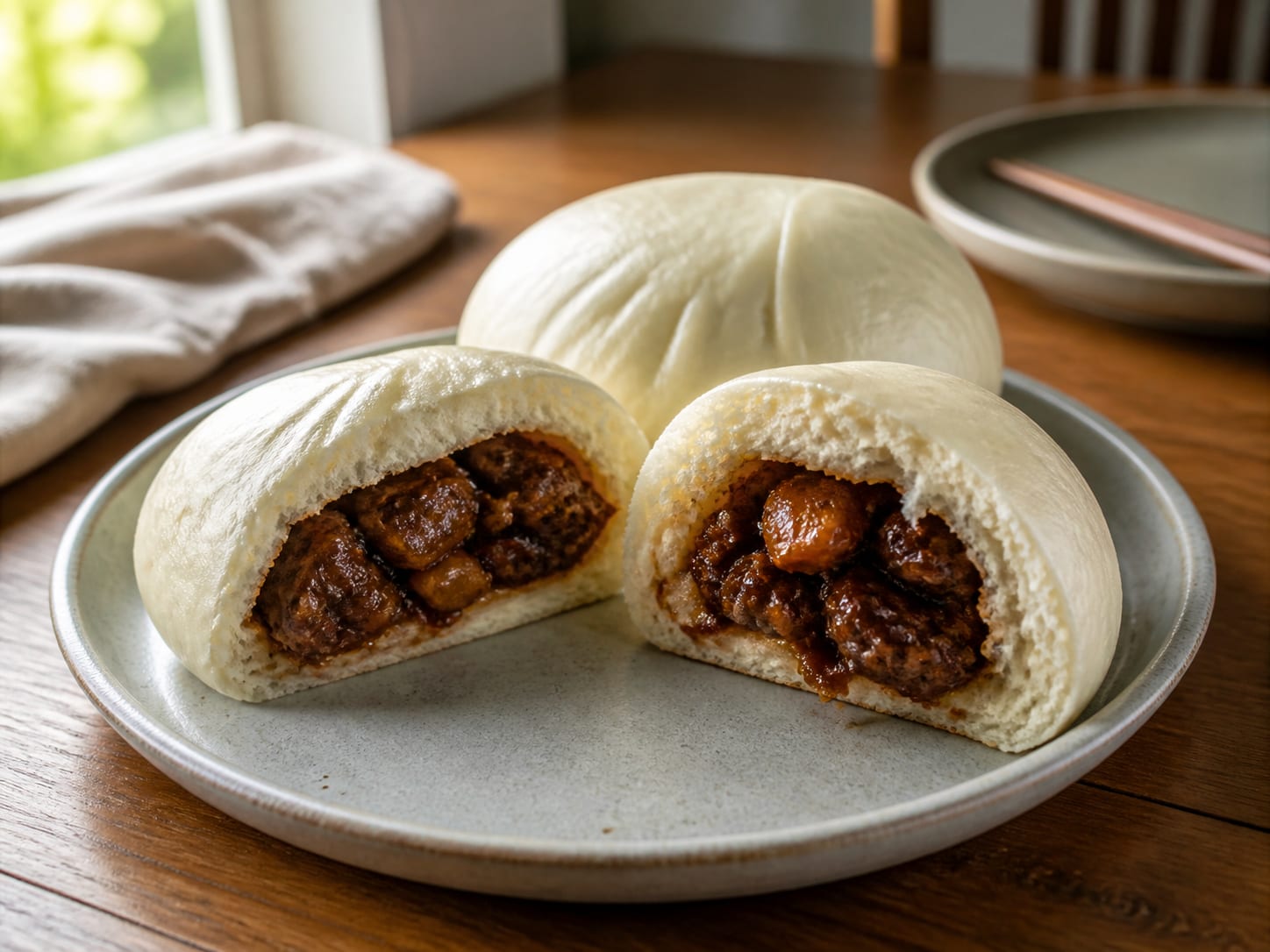 A steamed manapua bun torn in half showing glossy dark red char siu pork filling inside soft white bao dough