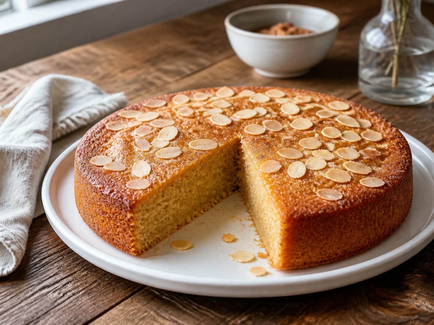 Mandel-Honig-Grieß-Kuchen, zum Servieren angerichtet