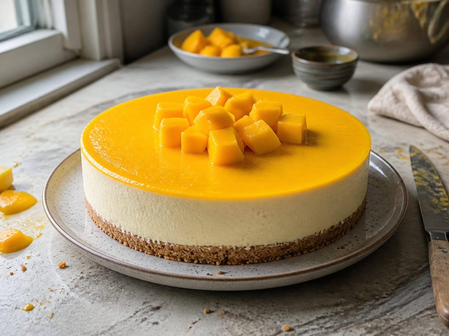 Mango-Joghurt-Torte mit Frischkäse, plated for serving