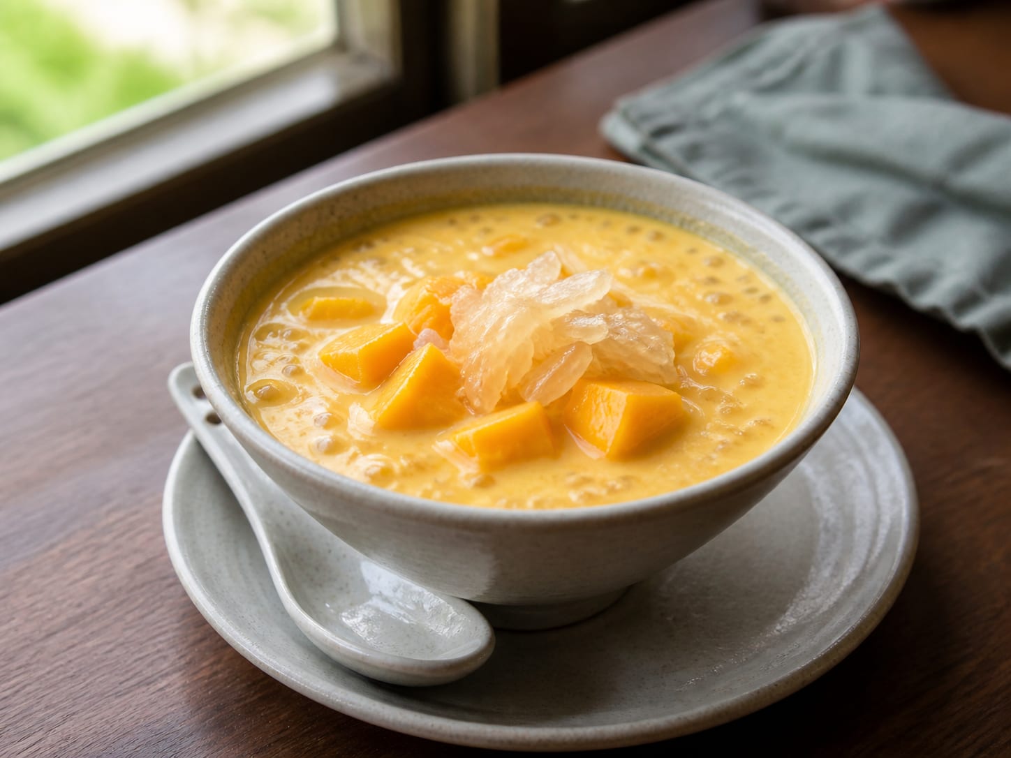 A glass bowl of chilled mango pomelo sago, pale orange mango cream studded with translucent sago pearls, topped with diced mango and pale pomelo segments