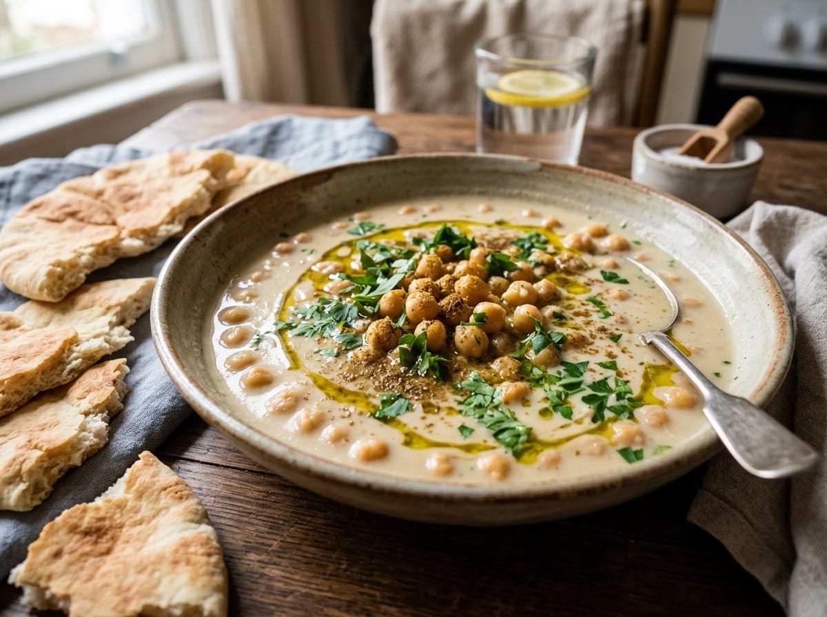 A wide shallow bowl of warm whole chickpeas swimming in pale tahini sauce, scattered with parsley, cumin and olive oil, with flatbread at the edge of the frame
