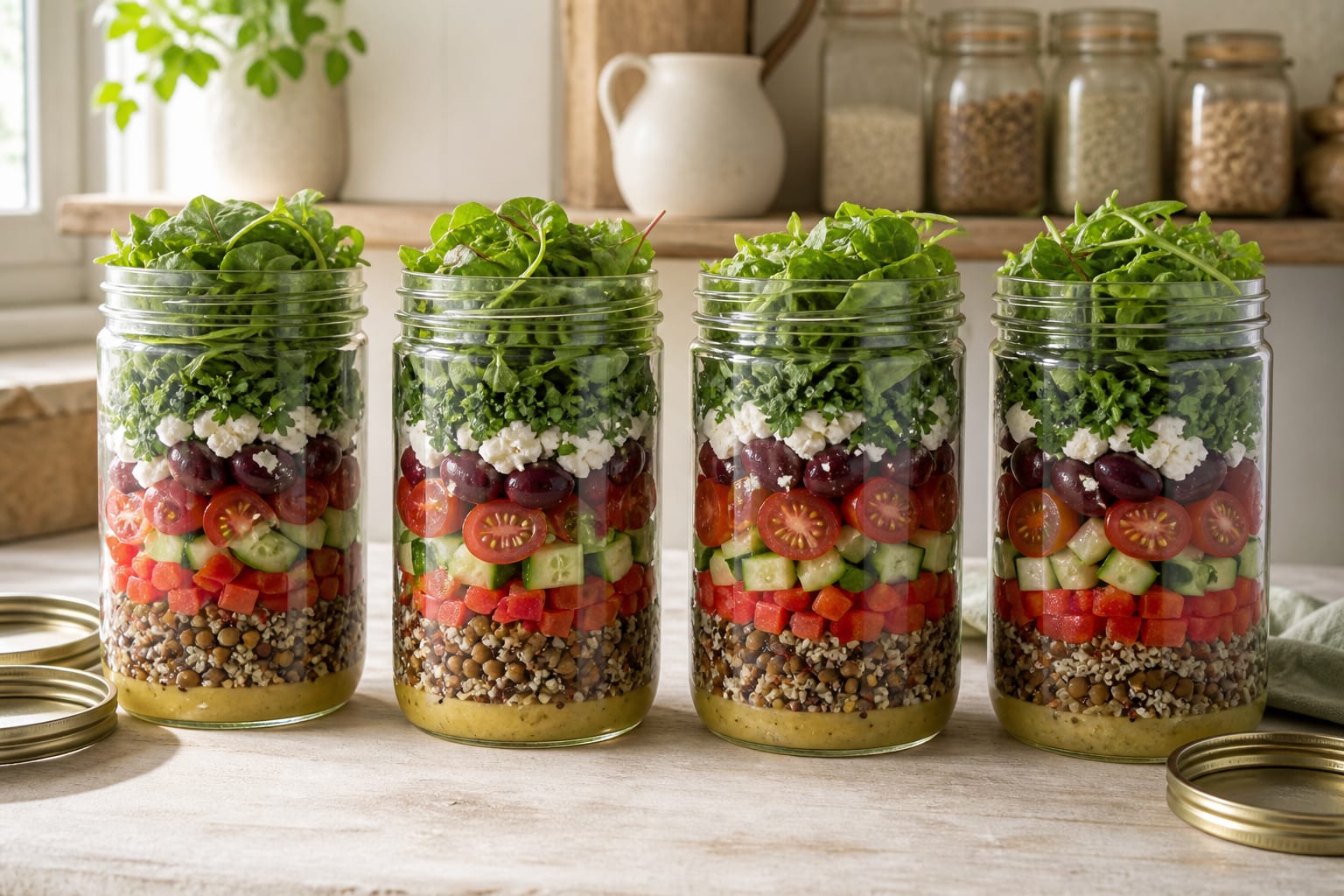 Four clear upright salad jars showing layers of lemon dressing, lentils and quinoa, colorful vegetables, feta, olives, parsley, and dry greens