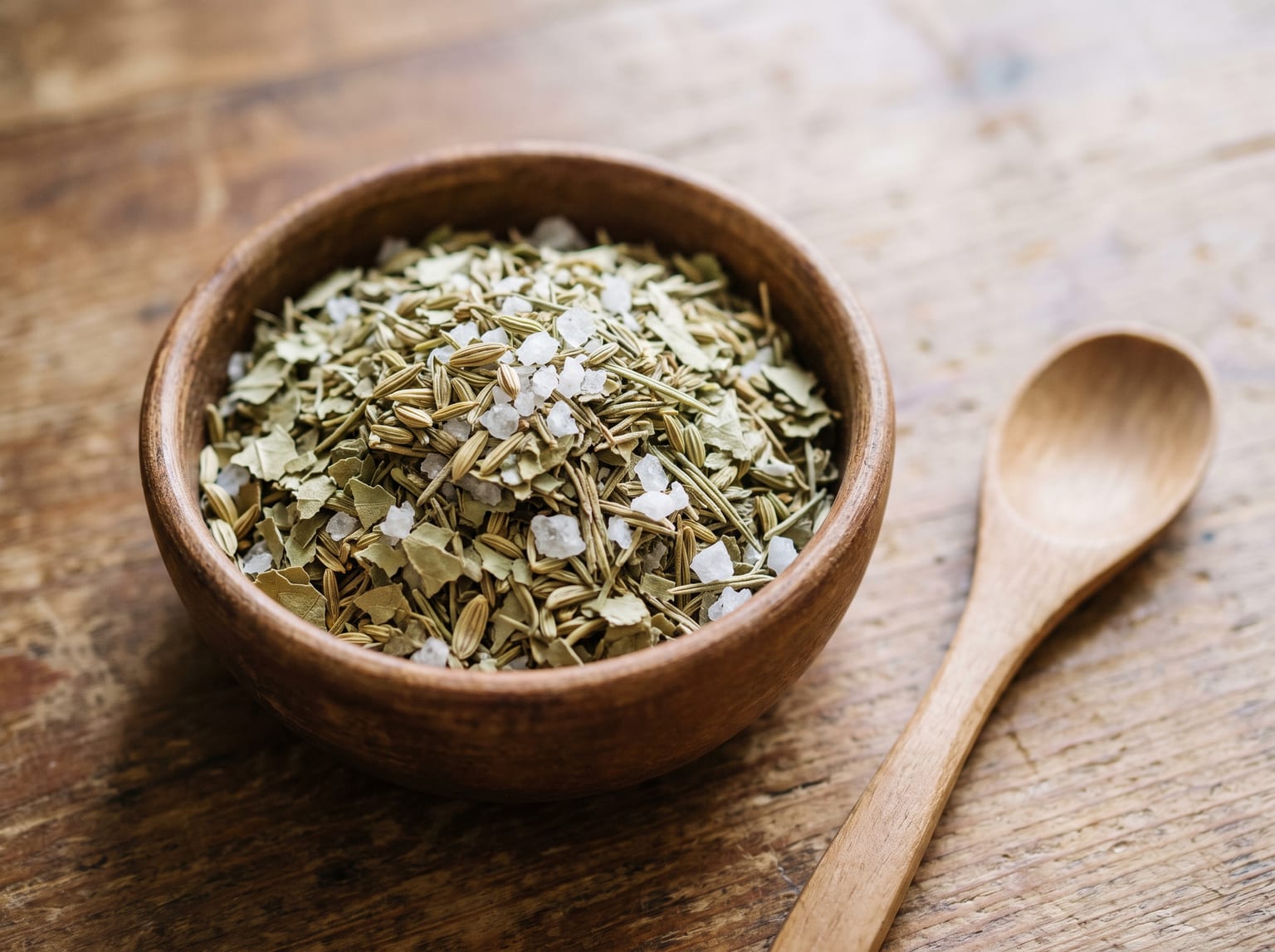 A small bowl of pale green Mediterranean herb blend with visible fennel seed, rosemary needles and coarse sea salt flakes, with a wooden spoon