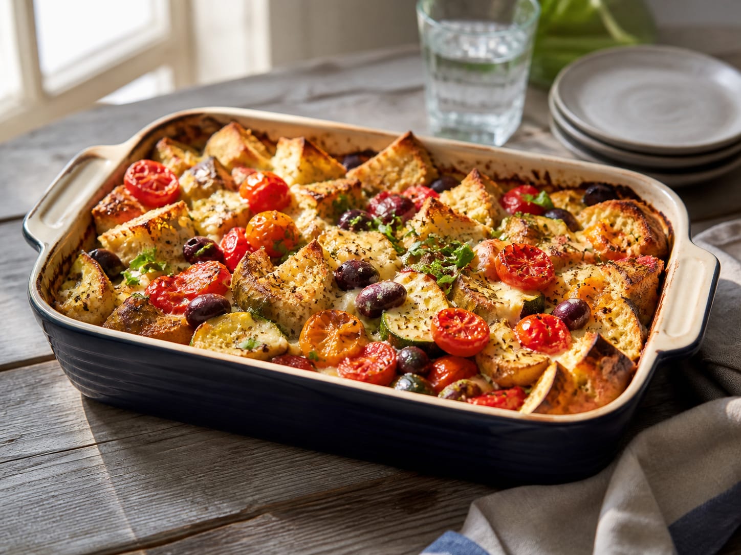 Mediterraner Ciabatta-Auflauf, plated for serving