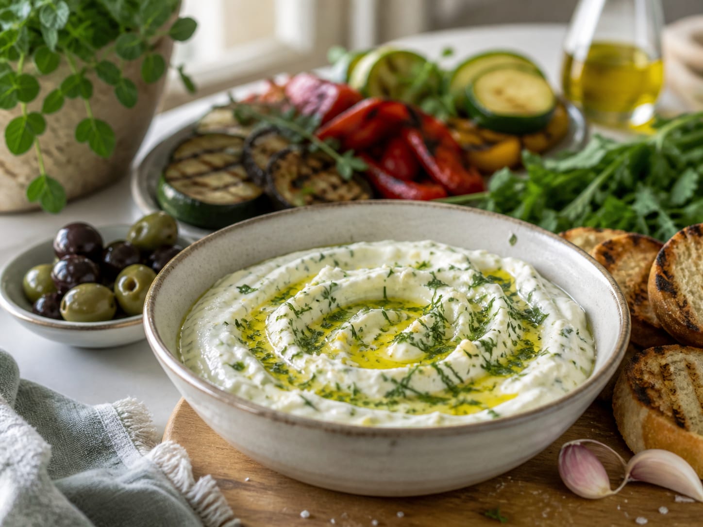 Mediterraner Dip zum Grillen, zum Servieren angerichtet