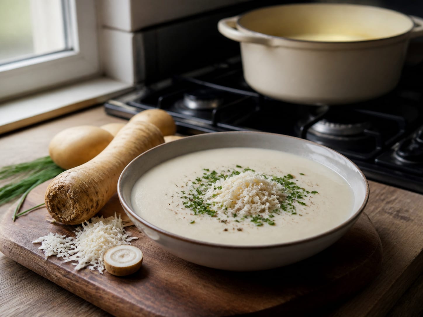 Meerrettichsuppe, plated for serving