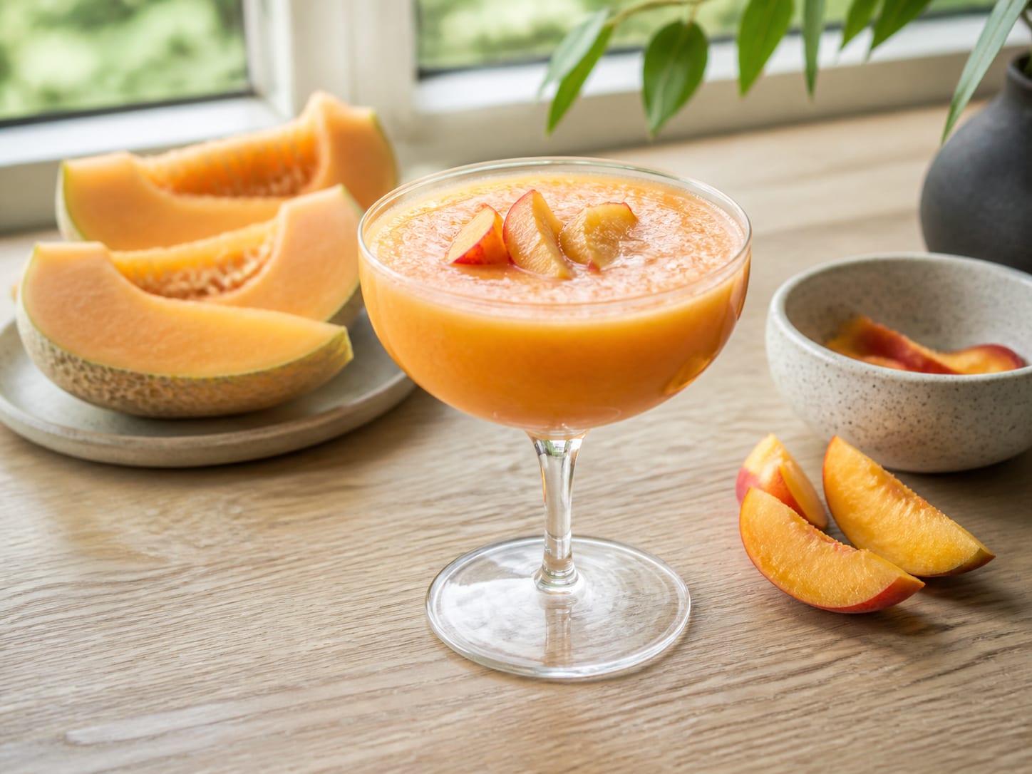 Melonen-Pfirsich-Smoothie, zum Servieren angerichtet
