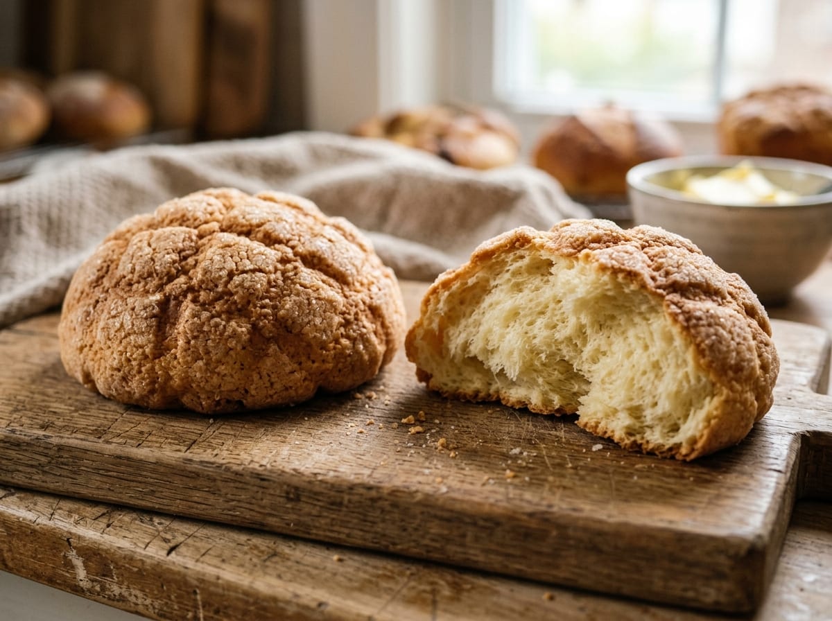 Eine Reihe goldener Melonpan-Brötchen auf einem Kuchengitter, ihre rautenförmig geritzten Kekshüllen aufgesprungen und mit Zucker bedeckt, eines in der Mitte aufgebrochen, um die weiche, weiße Krume darunter zu zeigen