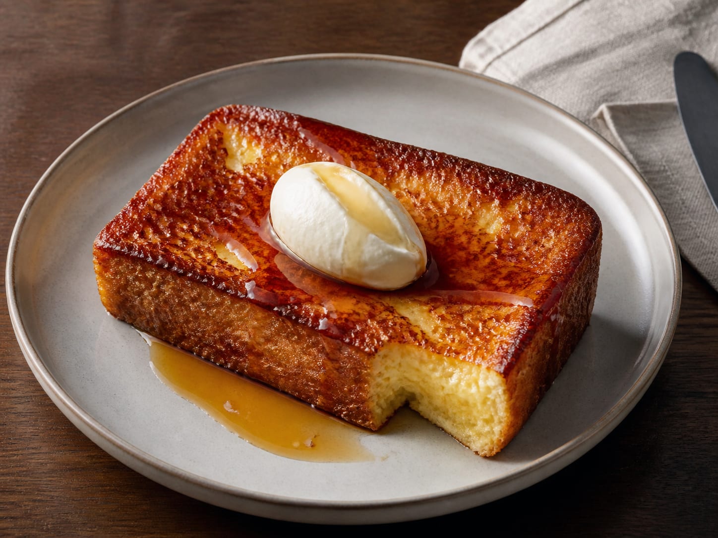 A thick caramelised slice of brioche French toast with a custardy centre on a cream plate