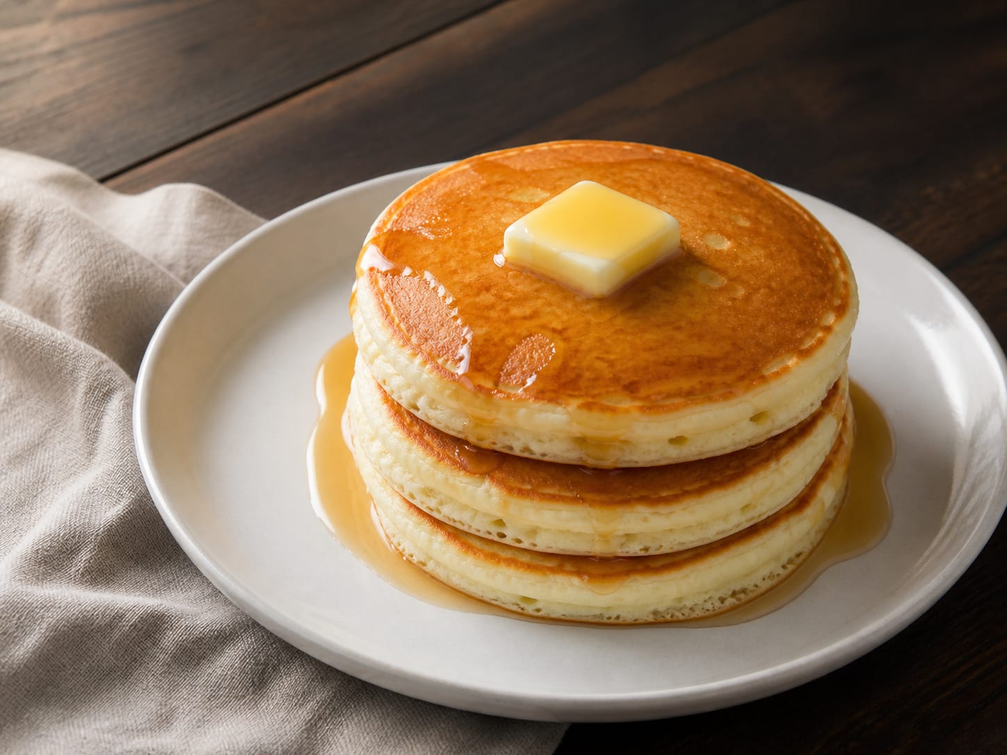 One tall golden souffle pancake glazed with maple brown butter and topped with a small butter disc