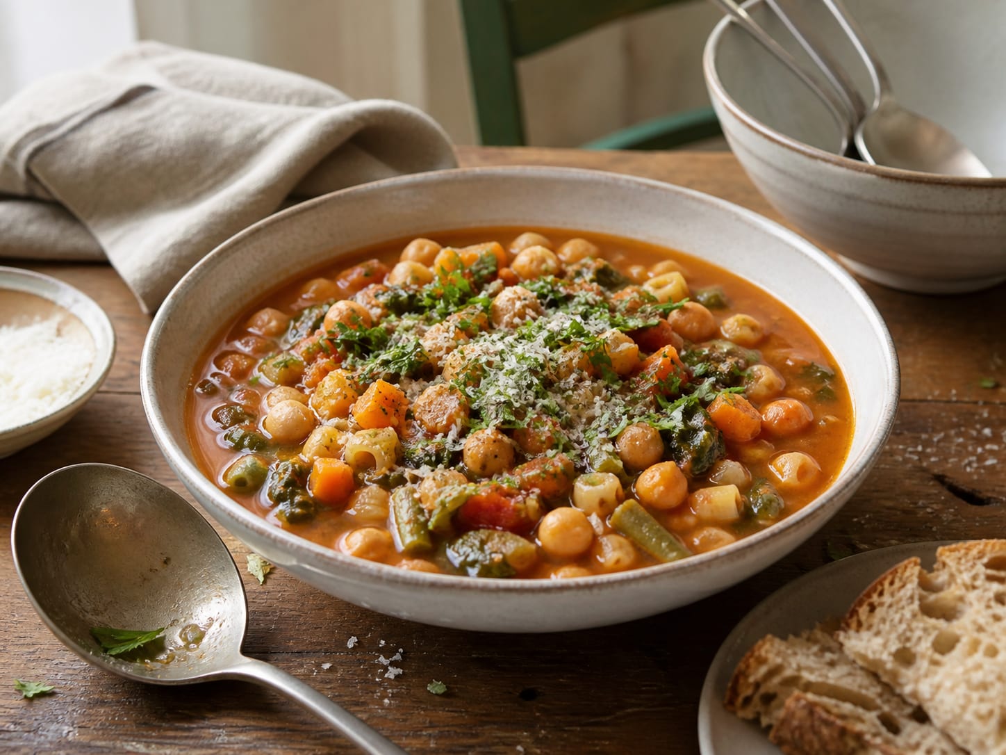 Minestrone mit Kichererbsen, plated for serving