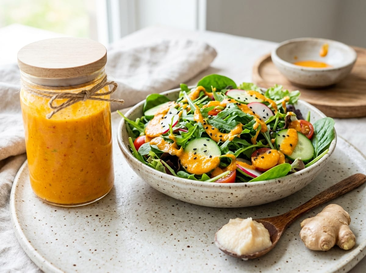 A jar of bright orange carrot and ginger dressing beside a simple green salad heavily coated in it, with fresh ginger and a spoon of pale miso