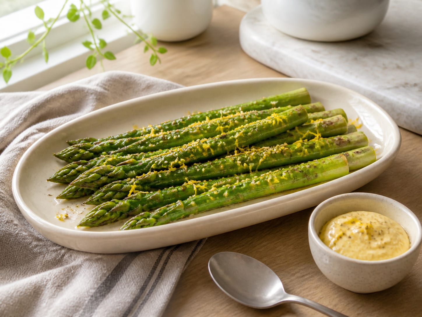 Roasted asparagus spears on a cream platter, glossy with miso-lemon butter and flecked with lemon zest