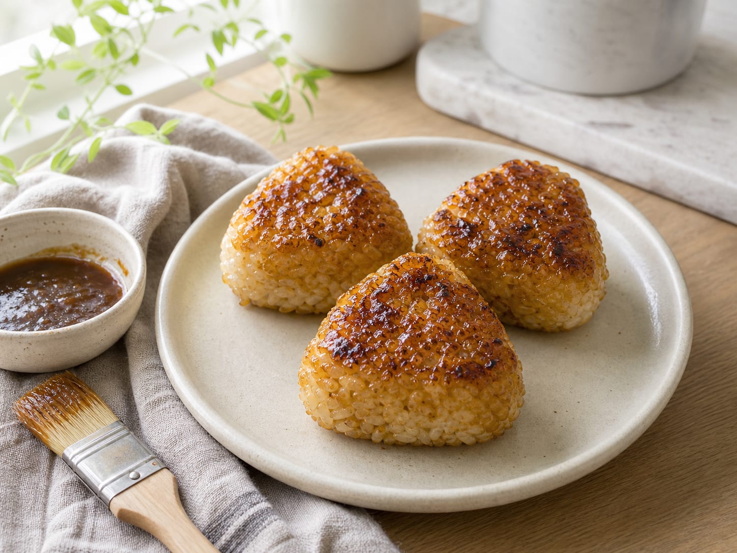 Grilled rice triangles on a cream plate, edges golden and glossy with dark miso glaze, natural light from the side
