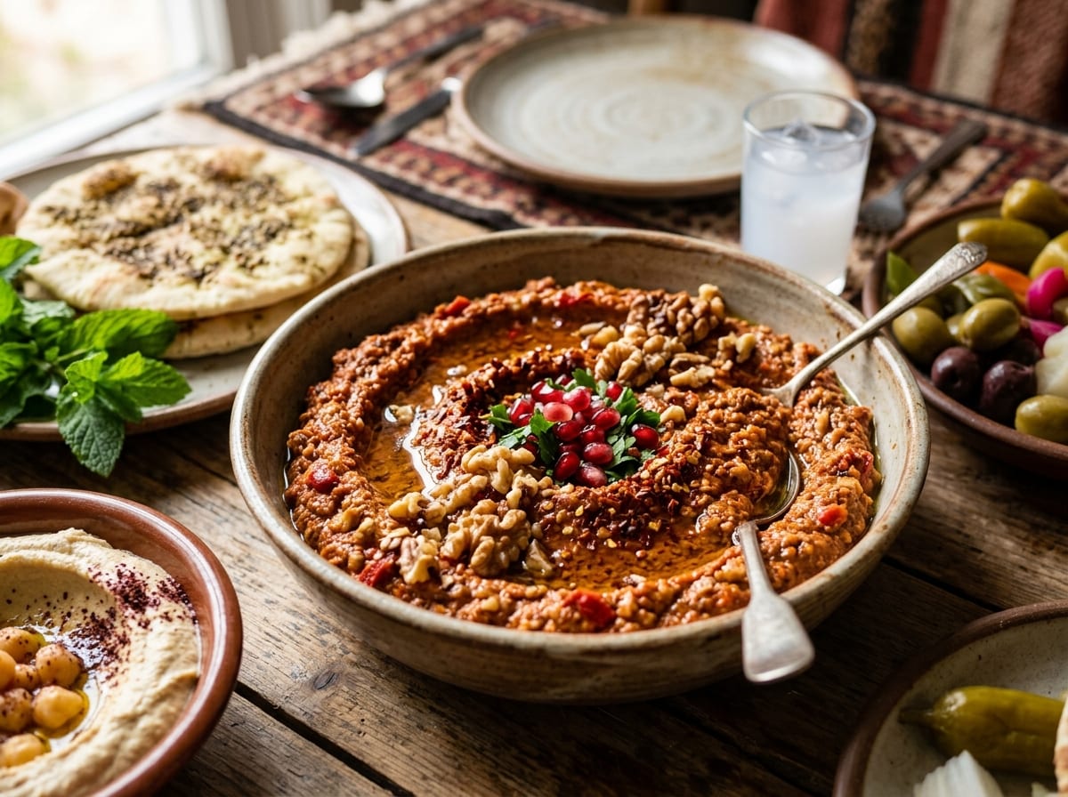 A bowl of coarse brick-red walnut and pepper dip with visible nut pieces, swirled with olive oil and topped with walnut halves and chilli flakes