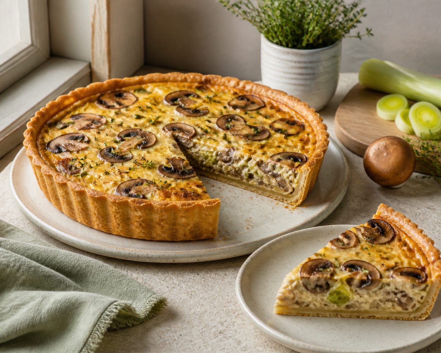 A wedge lifted from a golden shortcrust quiche on a cream plate in natural light, browned mushrooms and sliced leek set in a pale custard with melted Gruyère and thyme