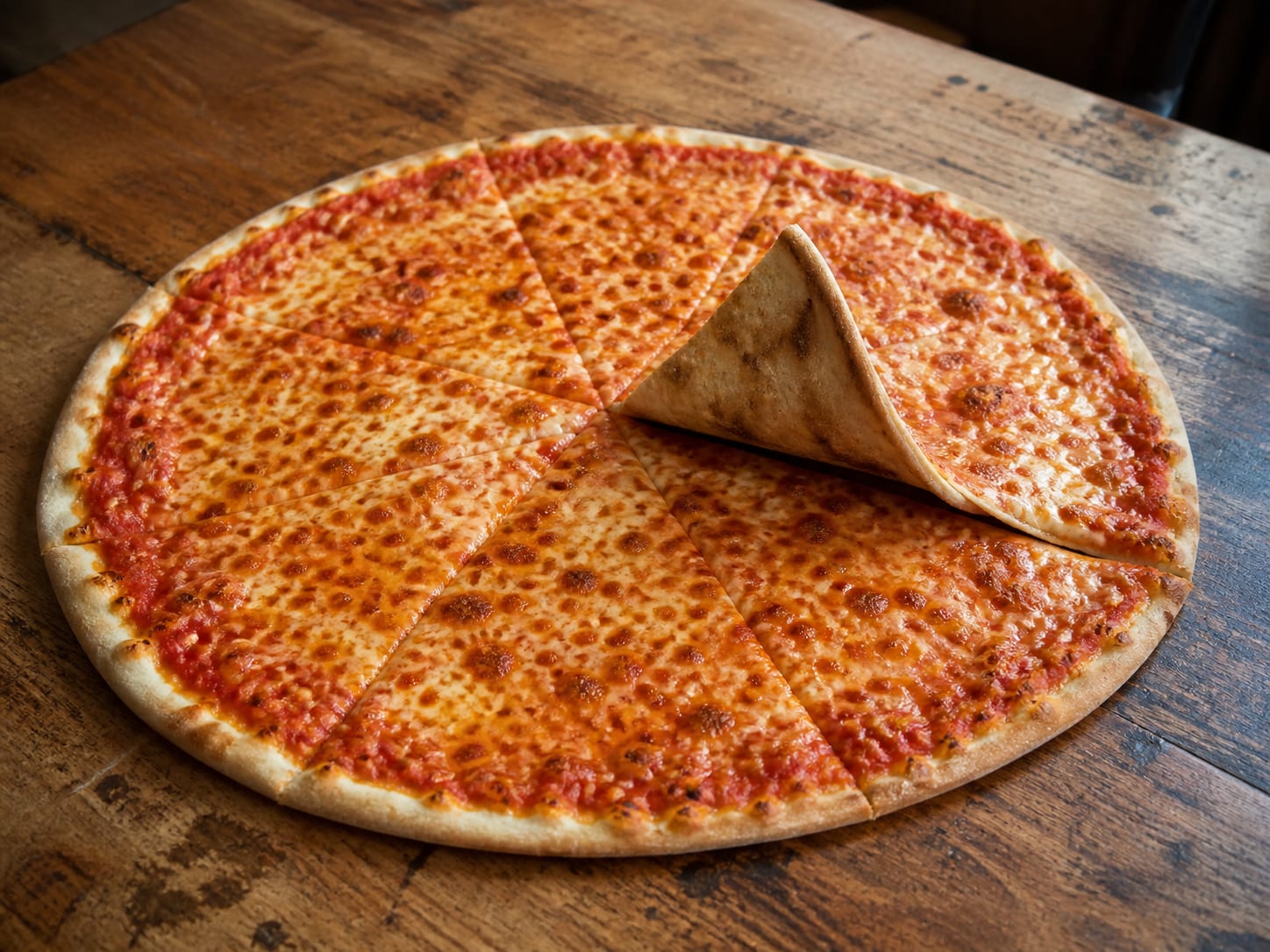 A large New York-style cheese pizza with browned edges and one thin foldable slice lifted