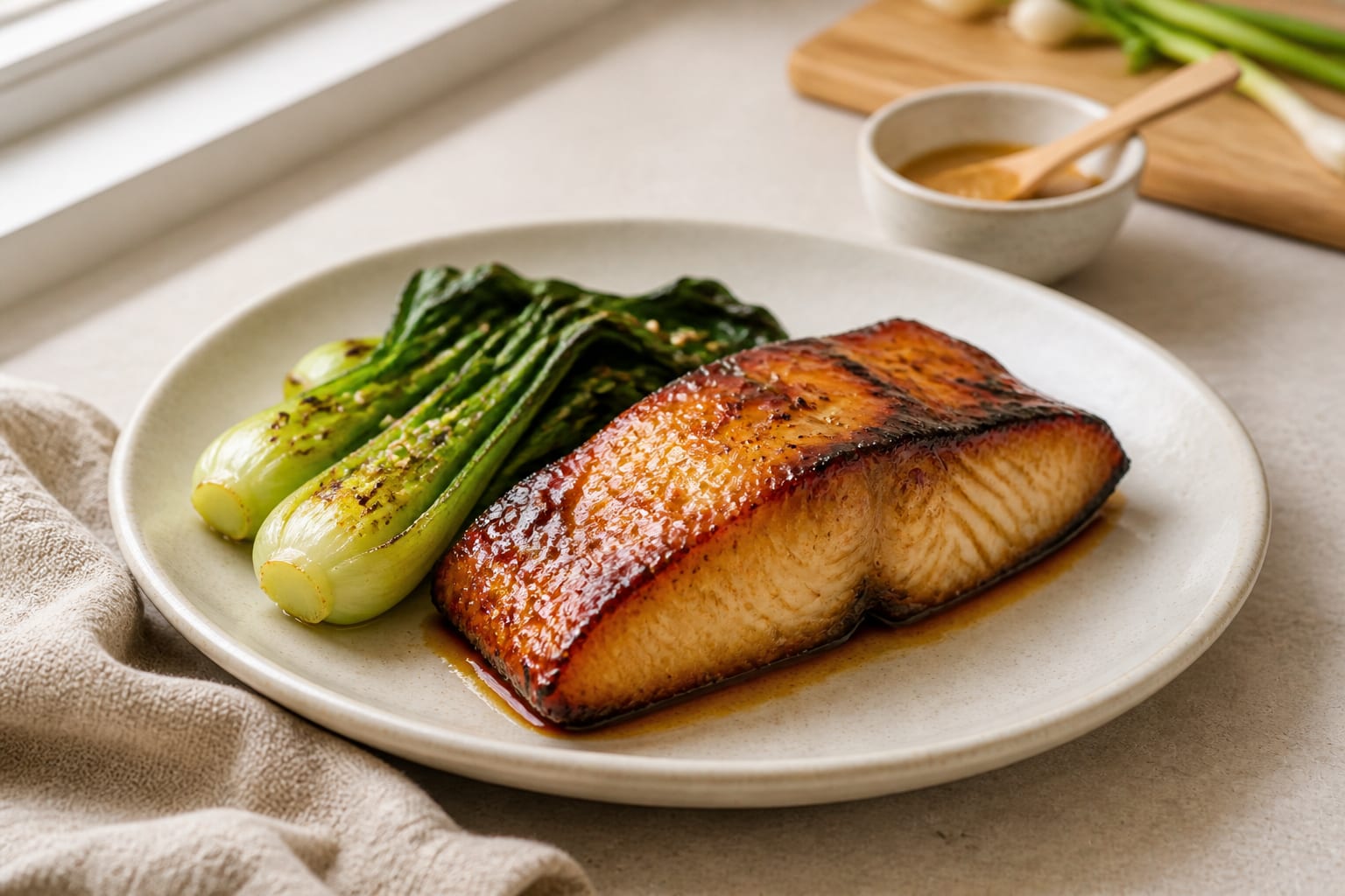 A broiled miso-glazed black cod fillet on a cream plate, dark caramelized top with charred edges, natural light