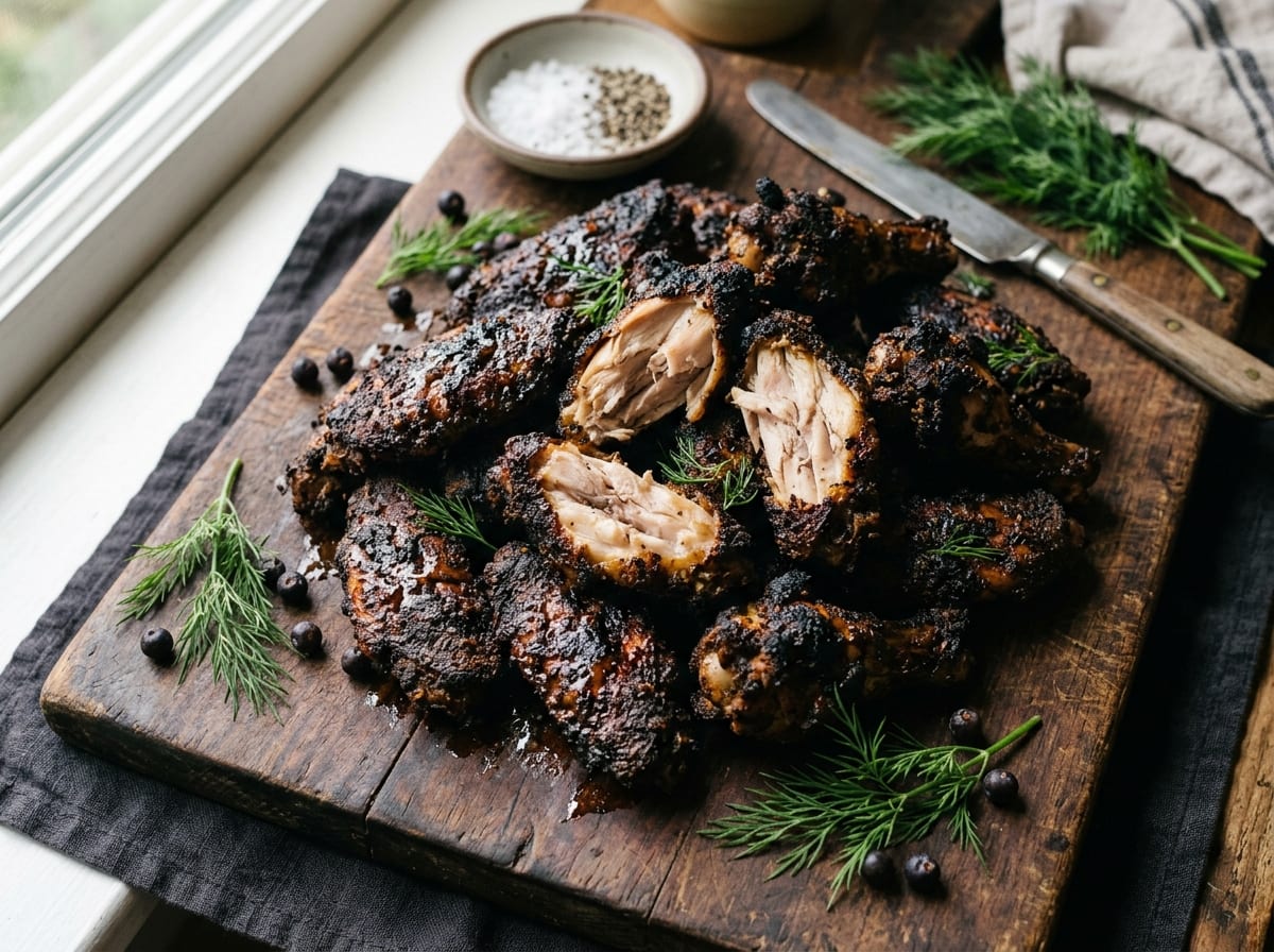 A pile of deeply blackened chicken wings on a dark wooden board, two wings split open showing juicy pale meat, scattered dill sprigs and juniper berries, with a small bowl of salt and pepper alongside