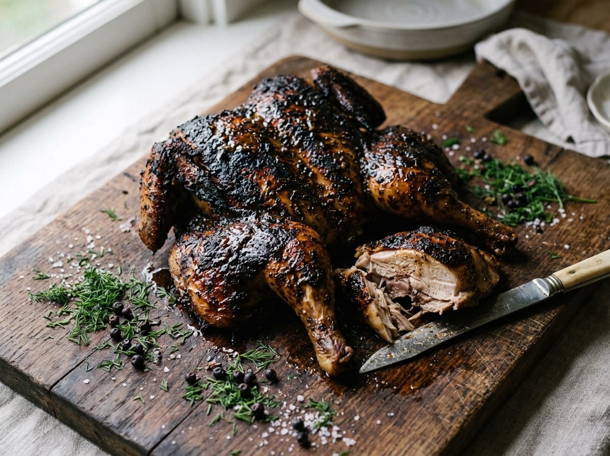 A whole spatchcocked chicken with a deeply blackened, glossy honey-glazed crust on a wooden board, one leg quarter cut away to show juicy meat, with scattered dill and juniper berries