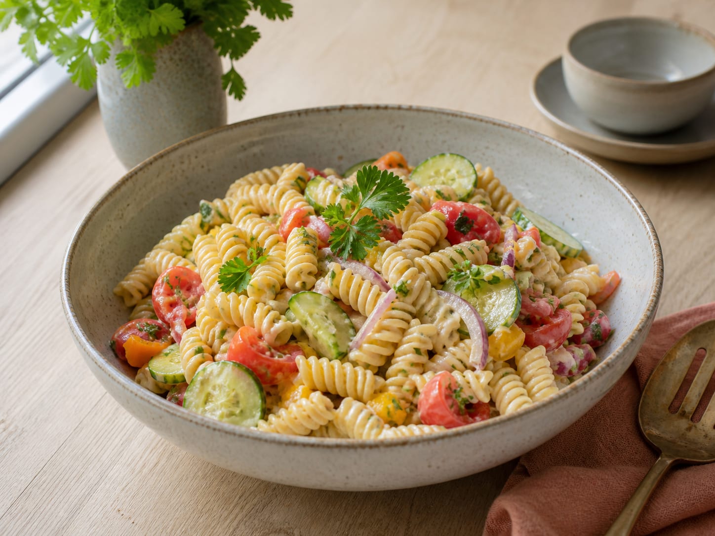 Nudel-Gemüse-Salat mit Aiolisauce, zum Servieren angerichtet