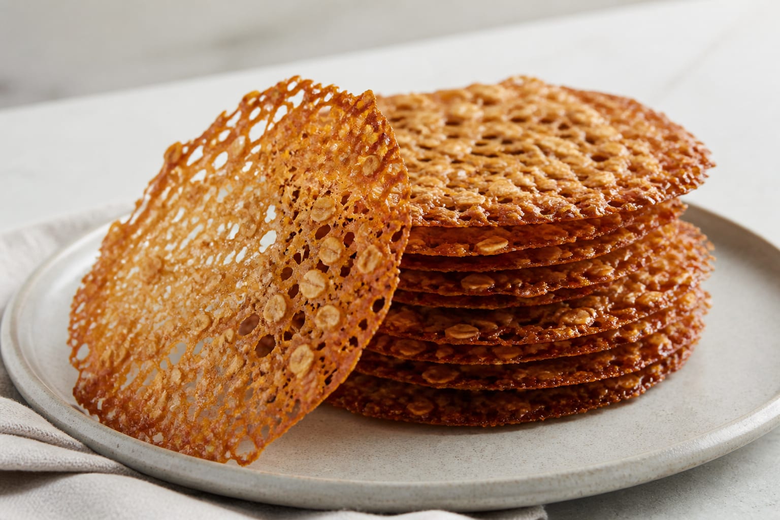 Oatmeal lace cookies arranged for serving