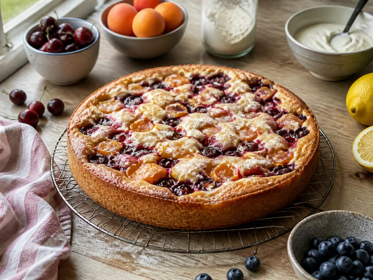 Obstkuchen mit Quark-Öl-Teig, zum Servieren angerichtet