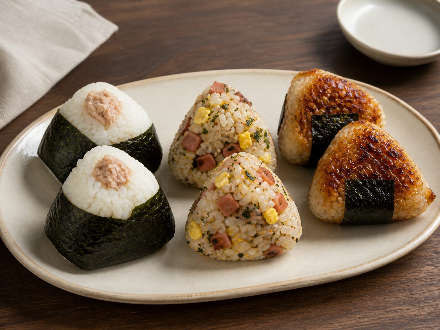 Three kinds of triangular onigiri on a cream plate, including nori-wrapped tuna, furikake-speckled Spam and egg, and glazed yaki rice balls