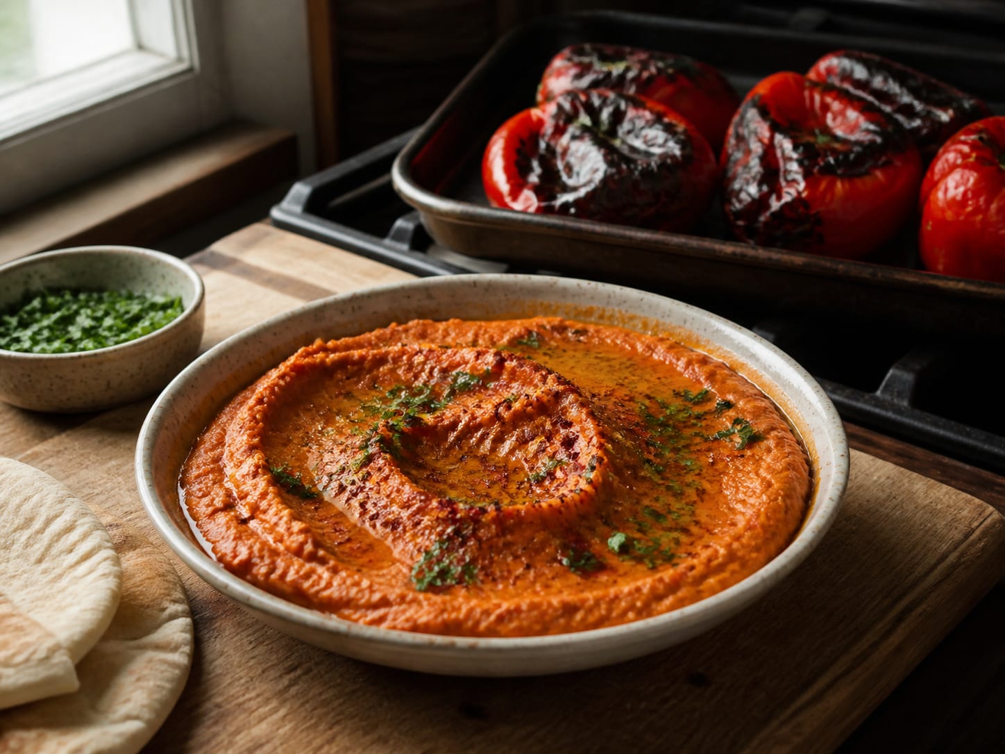 Paprika-Hummus, plated for serving