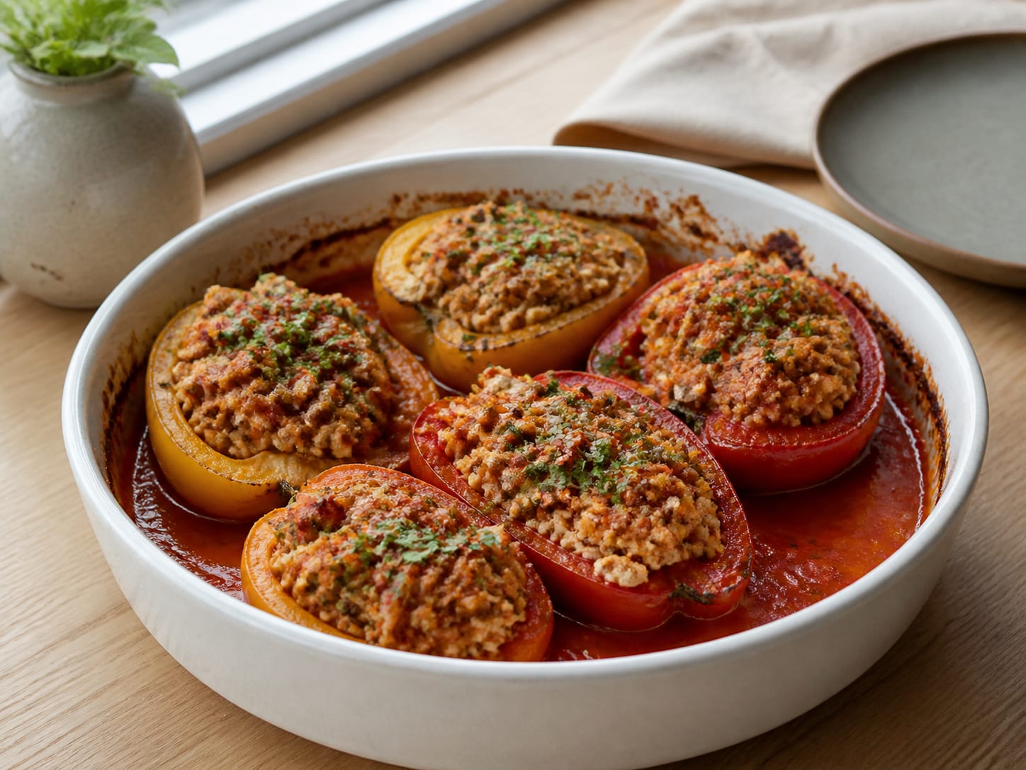 Paprika mit Tofu-Reis-Füllung und Tomatensauce, plated for serving
