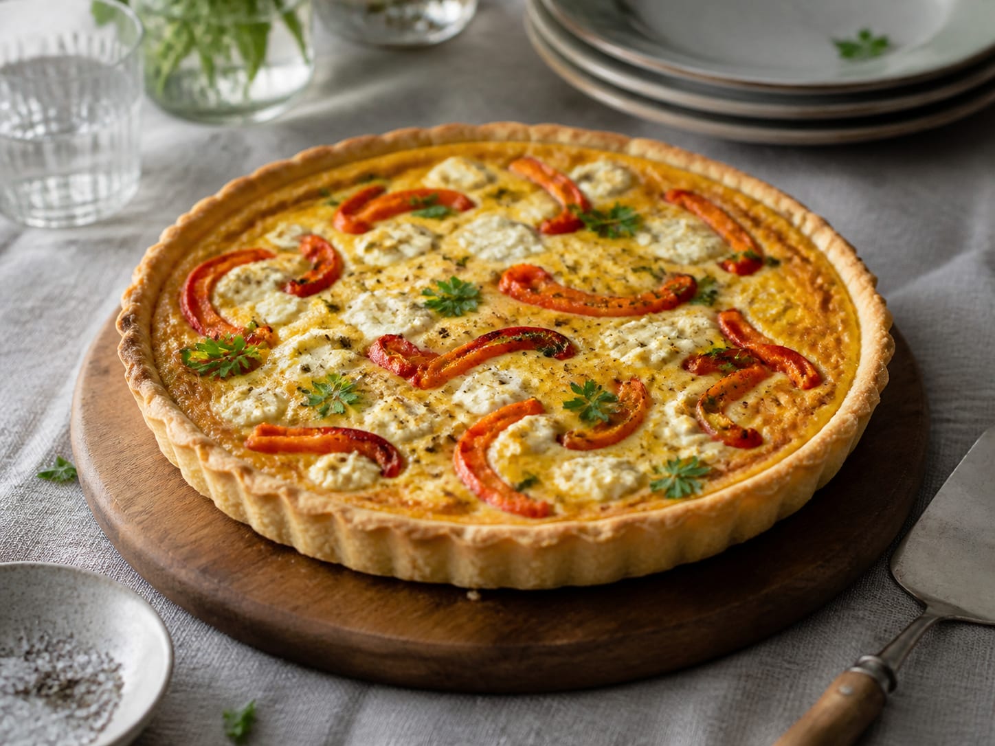 Paprika-Ricotta-Quiche, plated for serving