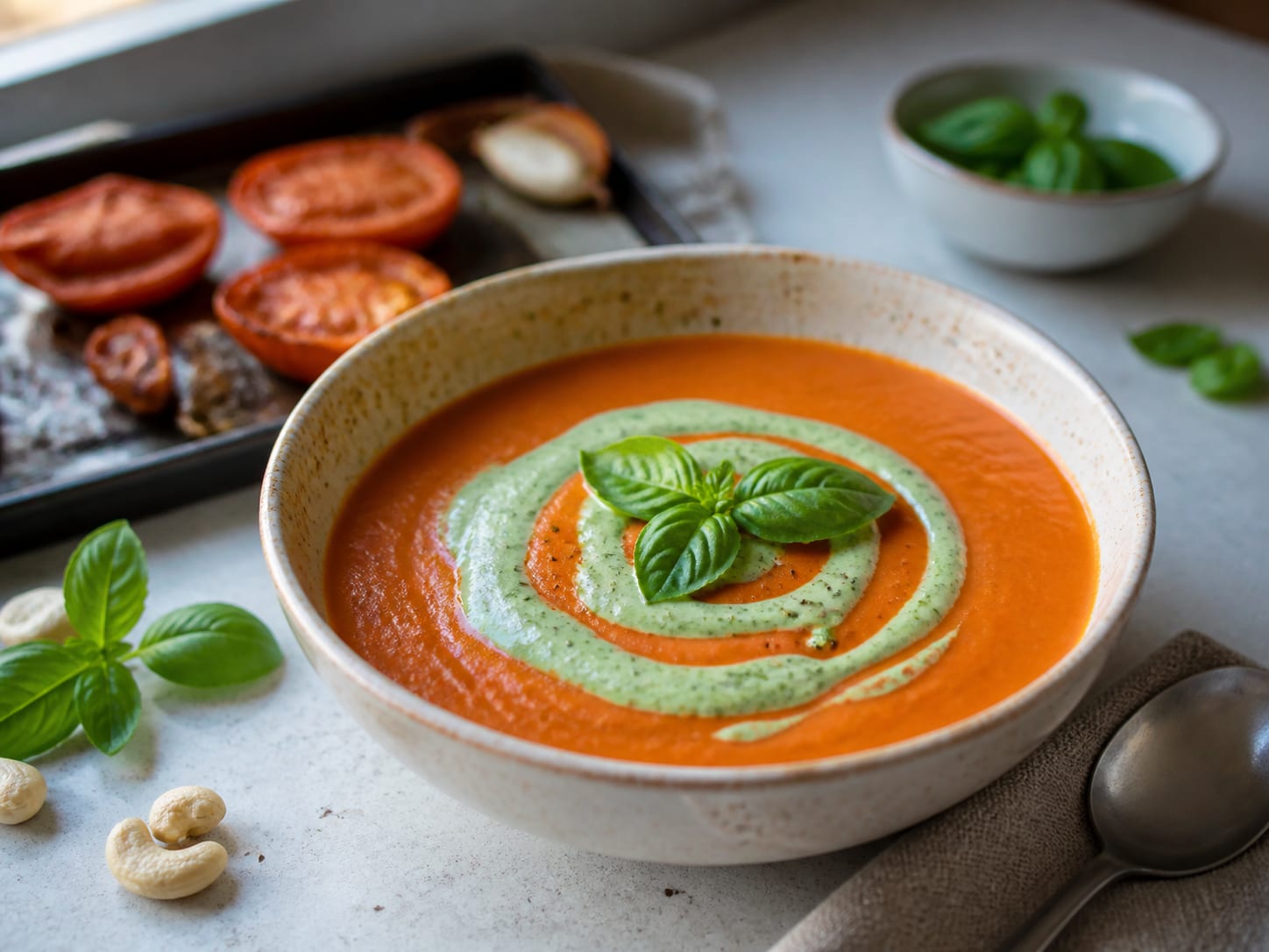 Paradeisersuppe mit Basilikumcreme (vegan), plated for serving