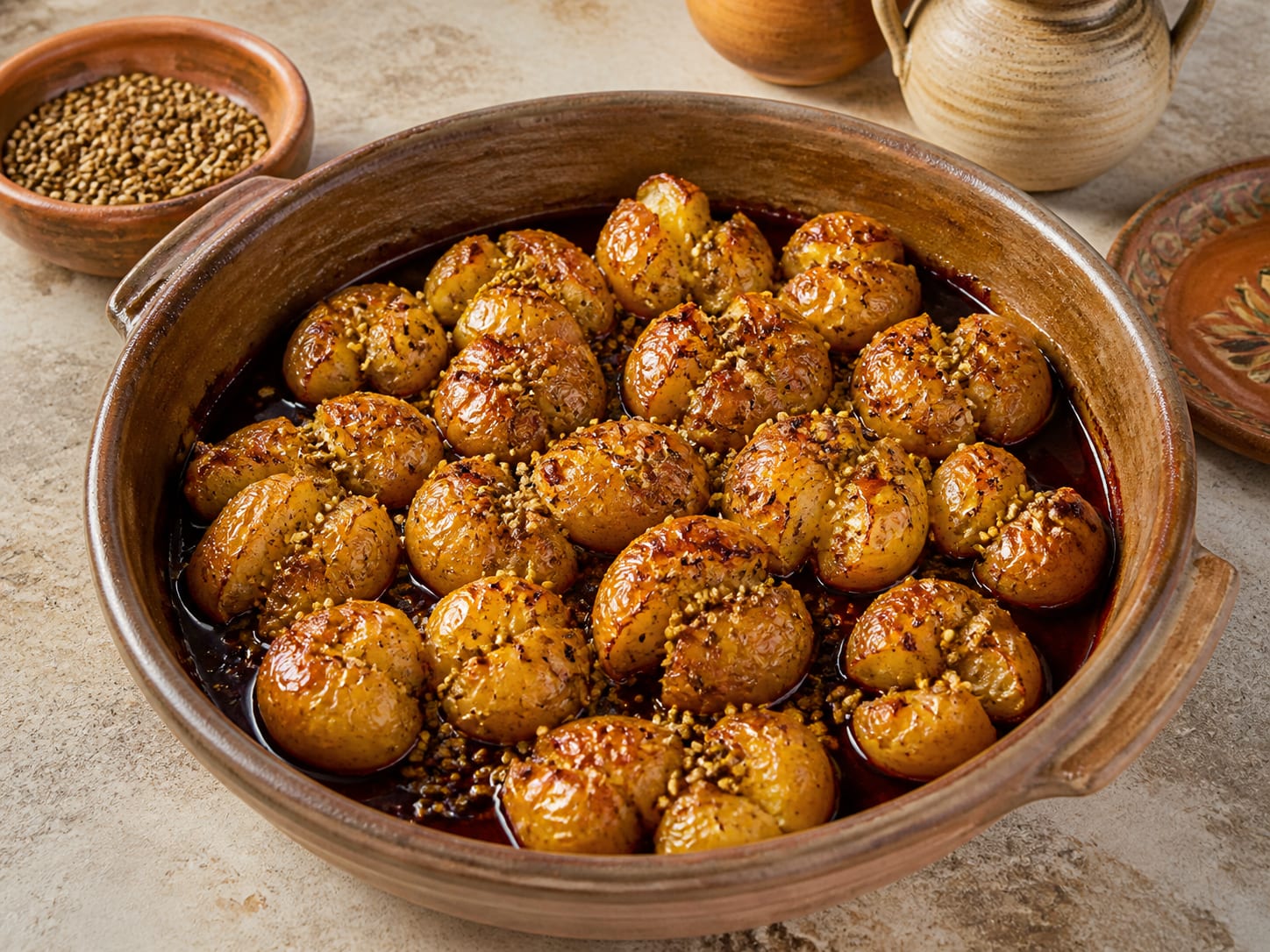 Patates antinahtes: Zypriotische geknackte Korianderkartoffeln, die als natürliches Licht-redaktionelles Essensfoto serviert werden