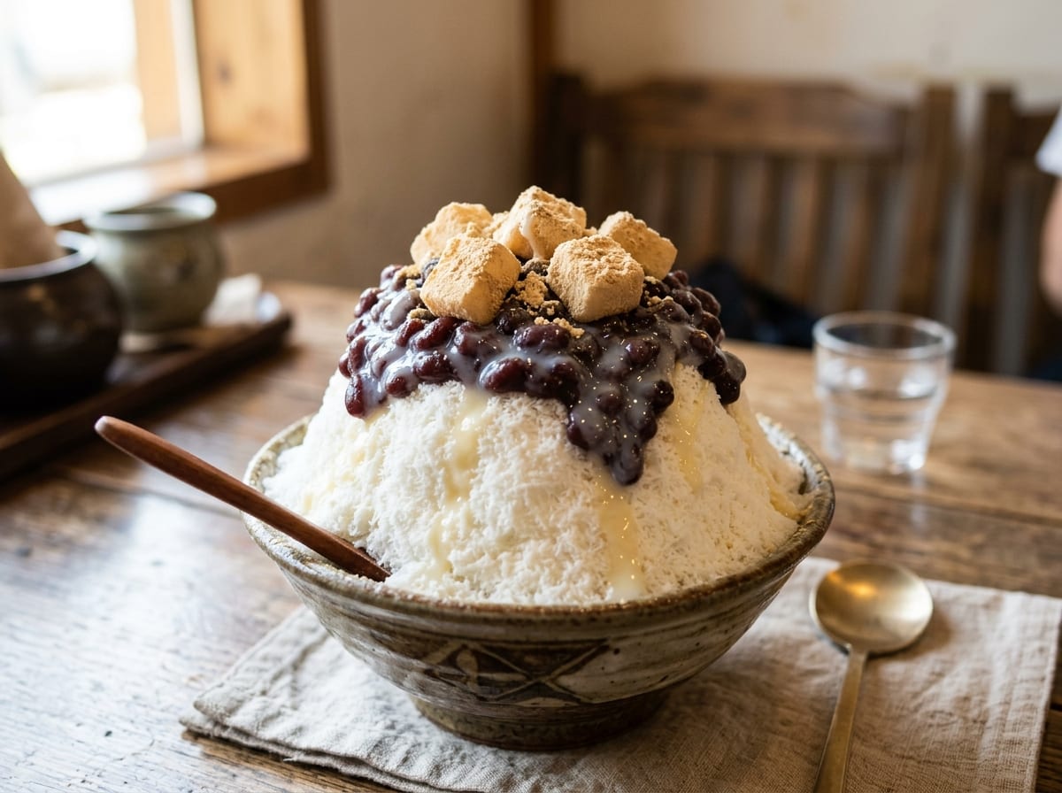 A tall bowl of snow-white shaved milk ice piled with glossy sweetened red beans, fresh strawberry and mango pieces, and a drizzle of condensed milk, with a soybean-dusted rice cake cube on top