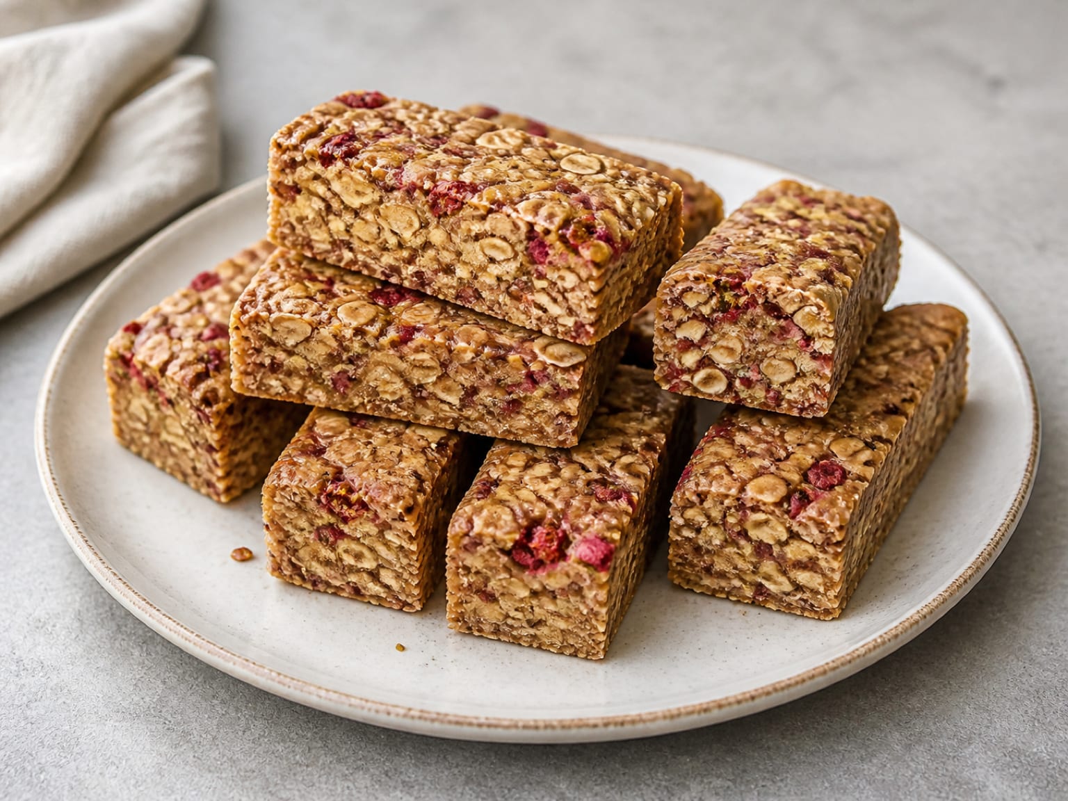 Oat and peanut butter bars dotted with bright freeze-dried raspberry pieces and pumpkin seeds