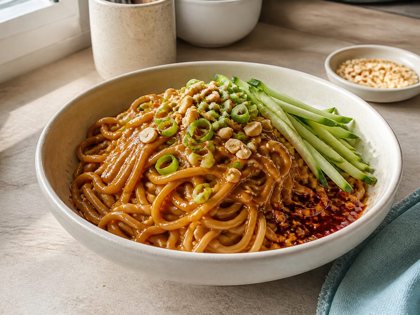 A wide cream bowl of wheat noodles coated in glossy brown peanut sauce, red chili crisp pooling at the edge, cucumber matchsticks, sliced scallions, and chopped peanuts on top, natural light