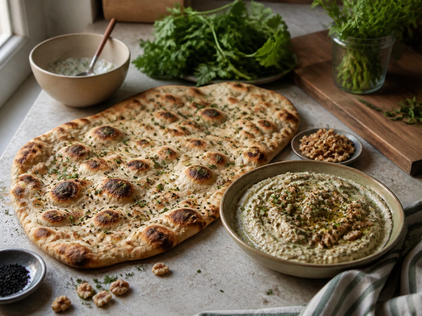 Persisches Fladenbrot mit Kräuter-Walnuss-Dip, zum Servieren angerichtet
