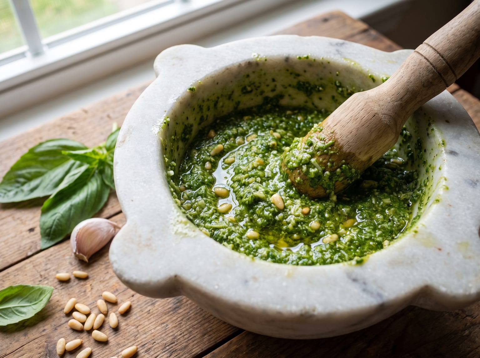 Classic basil pesto in a marble mortar with the pestle resting in it, coarse and flecked with pine nuts and cheese, with basil leaves and garlic beside it