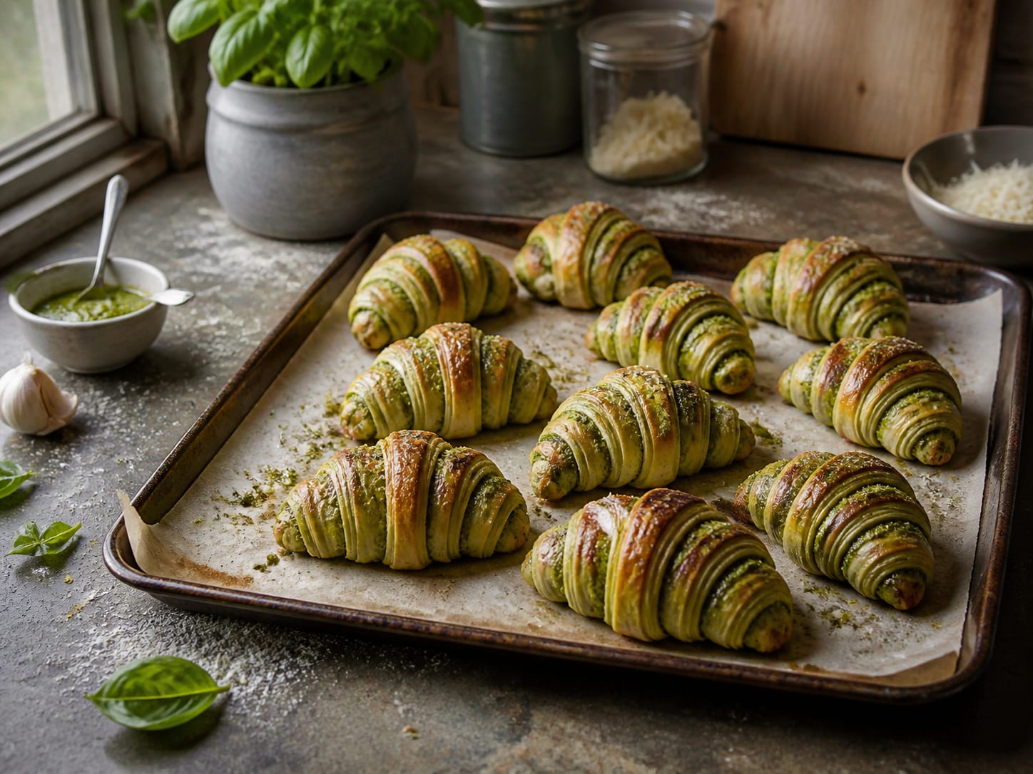 Pesto-Hörnchen, plated for serving