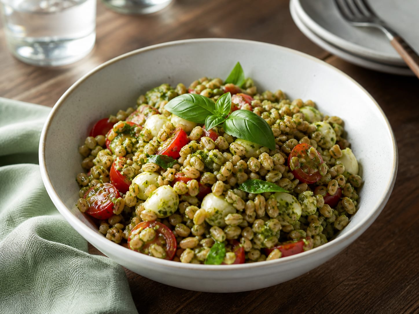 Pesto-Weizen-Salat, plated for serving