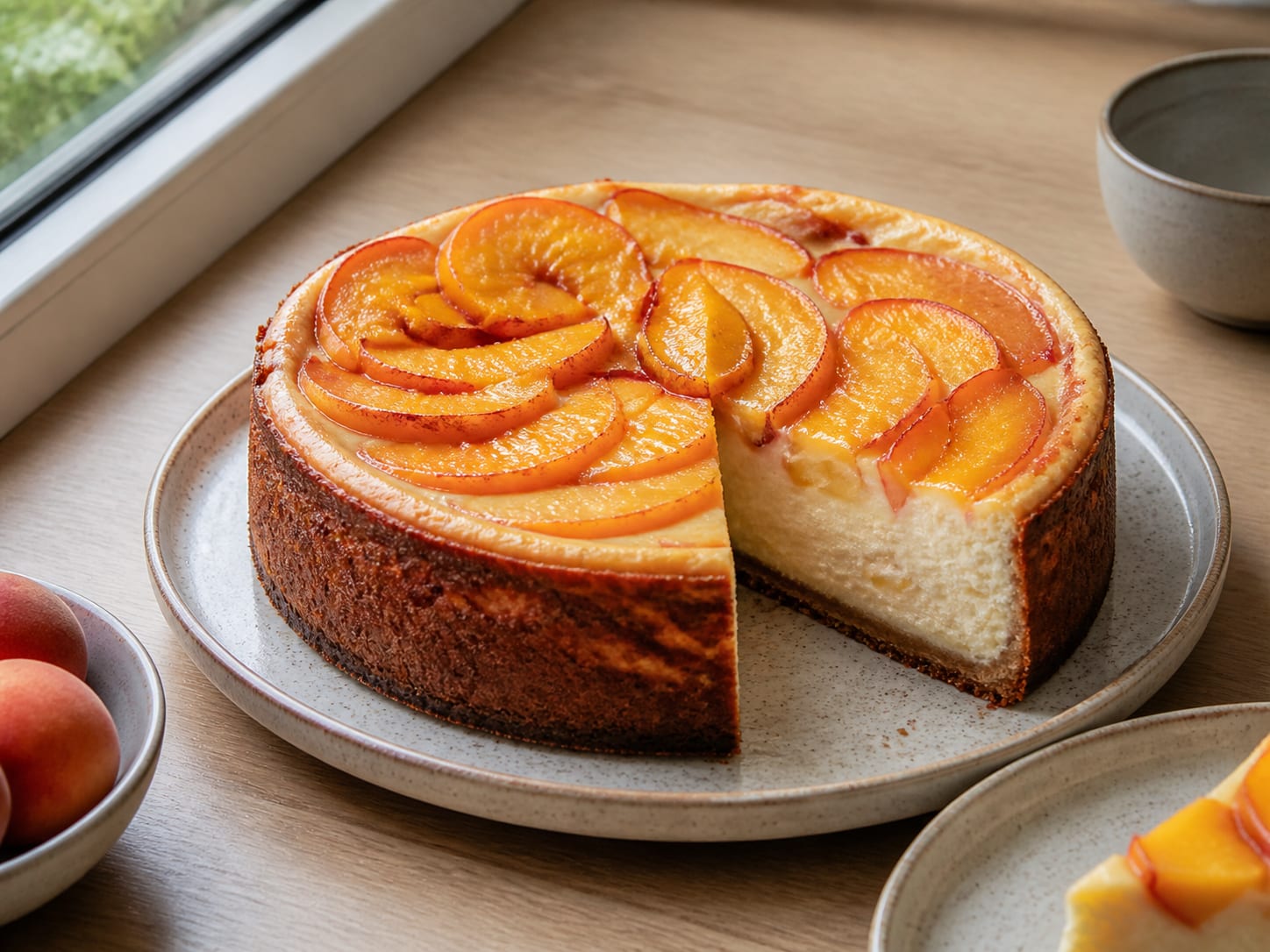 Pfirsich-Cheesecake, plated for serving