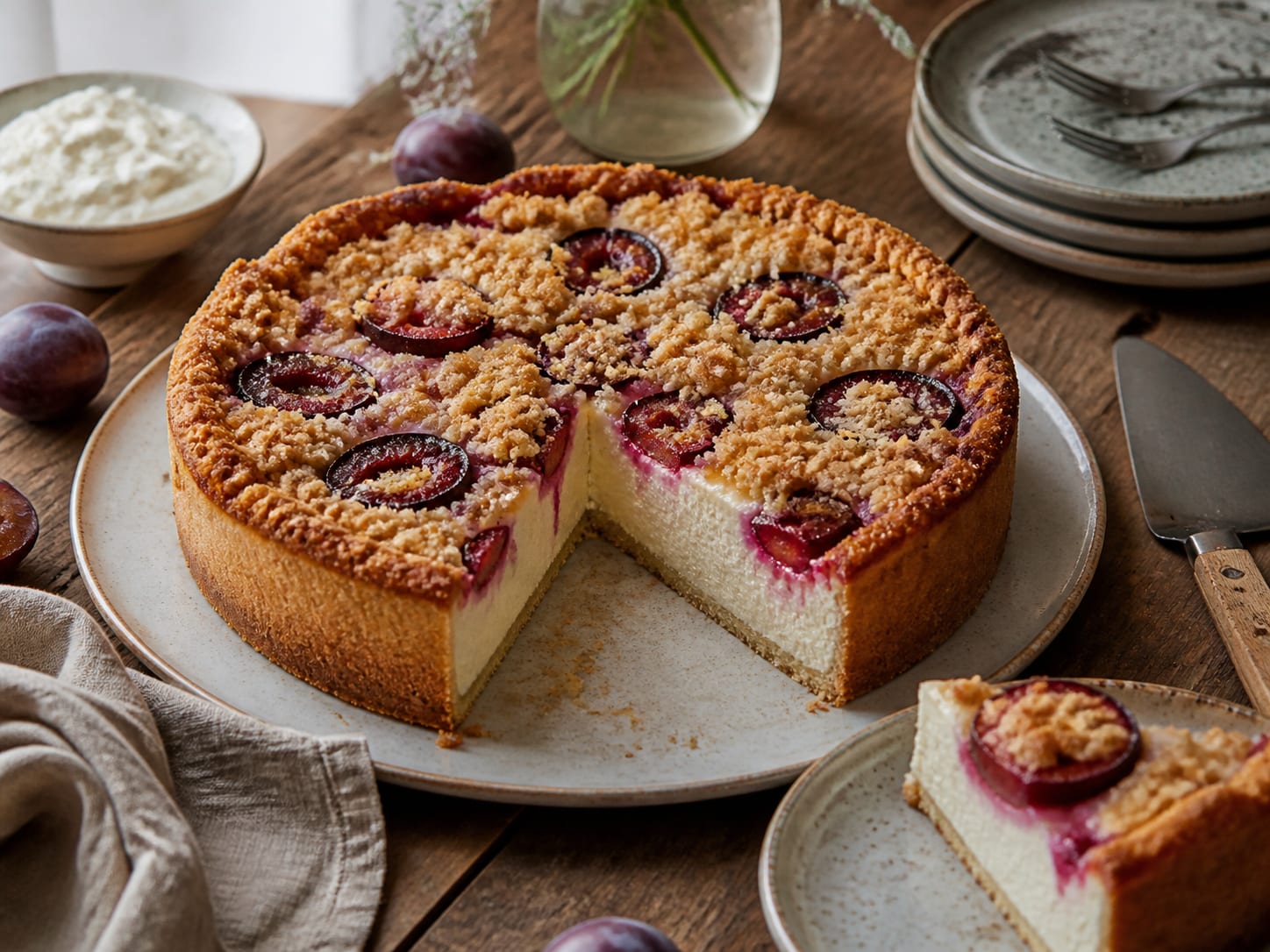 Pflaumen-Streusel-Käsekuchen, plated for serving
